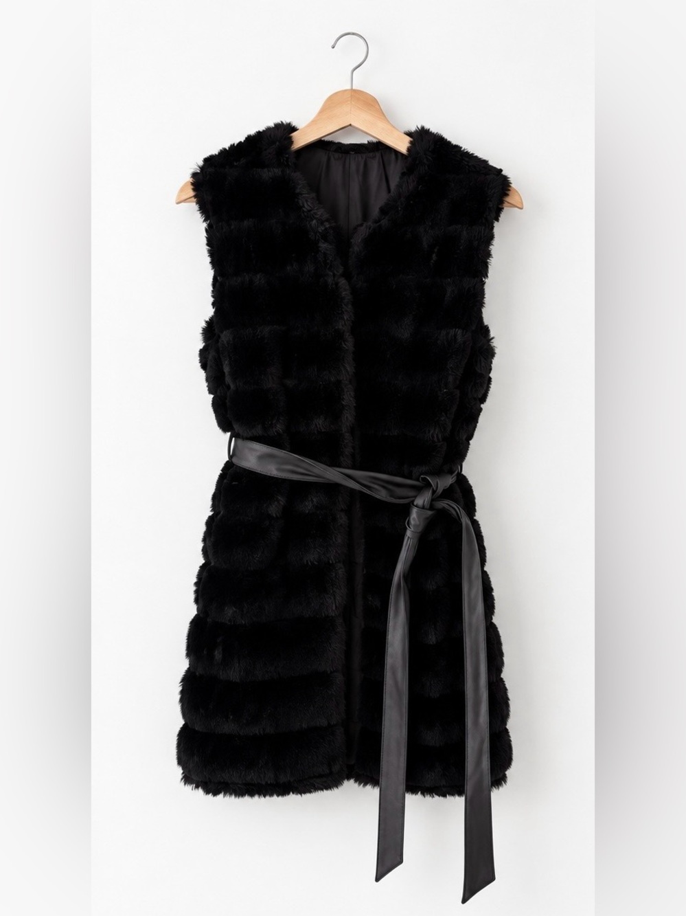 Black Faux Fur Vest with a Leather Belt
